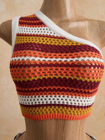 Mistrie 新款女士多色条纹镂空无袖针织上衣