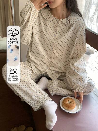 DAZY Spring Ditsy Floral Petal Sleeve Pajama Set For Women