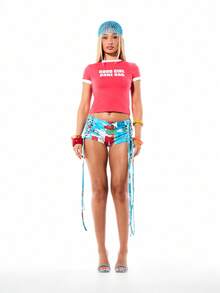 SUMWON WOMEN Cropped Contrast Ringer Baby Tee Good Girl Gone Bad Graphic Print Short Sleeve Crew Neck Summer Casual Feminine Statement Top - Red - View 5