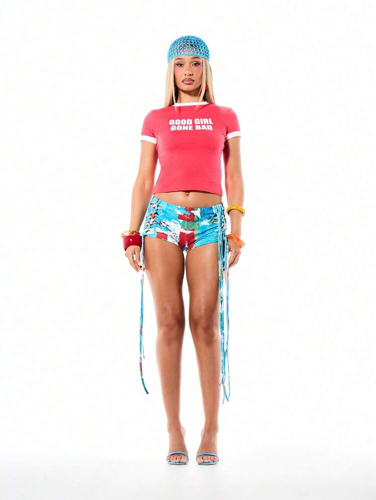 SUMWON Cropped Contrast Ringer Baby Tee Good Girl Gone Bad Graphic Print Short Sleeve Crew Neck Summer Casual Feminine Statement Top