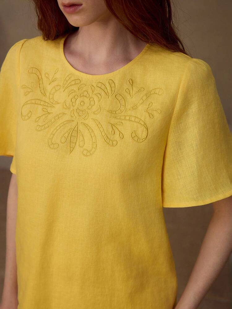 WOMEN'S DAILY & DATE SHORT SLEEVE ROUND NECK 100% LINEN BLOUSE, SPRING/SUMMER