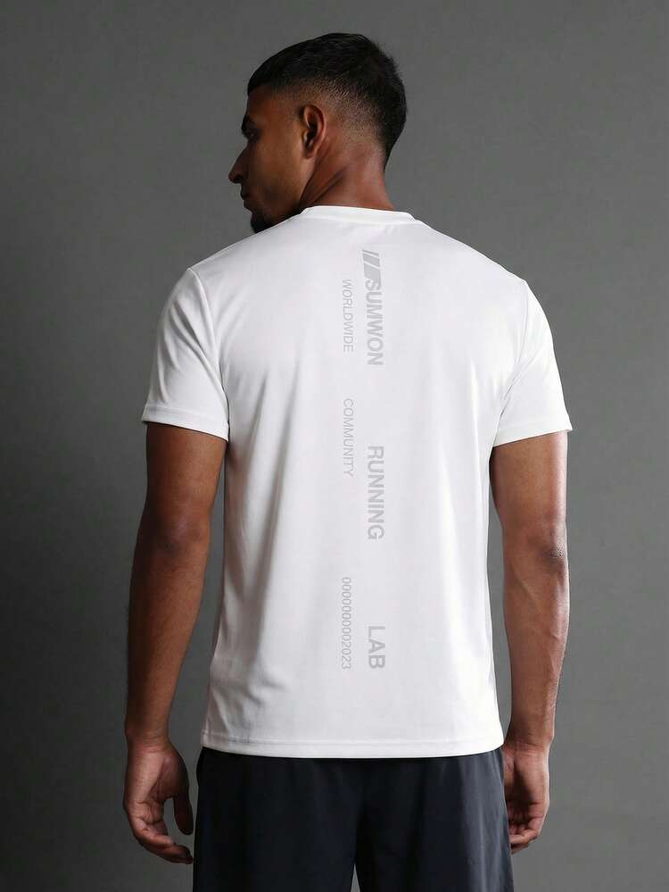 Men's White Short Sleeve Athletic Tee With Running Community Text Back Print Regular Fit Sports Training Shirt