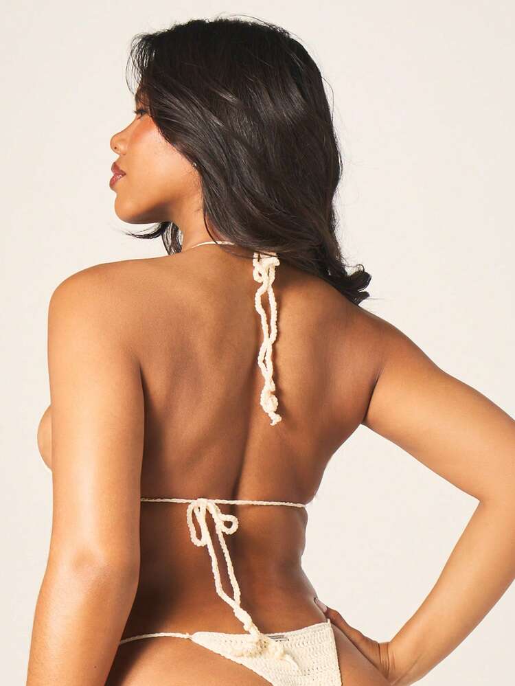 Missguided x Playboy Women's Crochet Triangle Bikini Set With Fruit Embellishments Summer Beach Swimwear Two Piece Halter Top And String Bottom Vacation Resort Wear