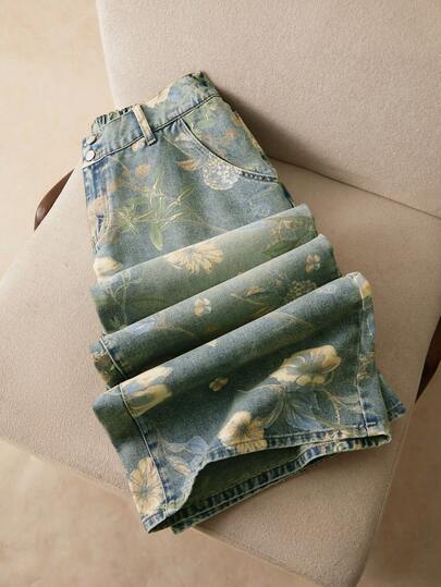 Elaquor Plus Size Women Pocketed Button Floral Print Distressed Casual Versatile Wide Leg Jeans