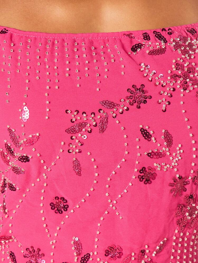 MISSGUIDED Women's Hot Pink Sequin Beaded Halter Mini Dress With Extreme Cut Out Back Floral Embellished Party Cocktail Evening Bodycon Spaghetti Strap