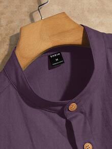 HIMLAND Men's Casual Letter Leather Patch Decor Stand Collar Slim Fit Short Sleeve Shirt - Purple - View 3