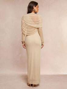 Silquee Elegant Romantic Solid Color Ruffle Collar Asymmetrical Pleated Waist Long Sleeve Dress - Apricot - View 2