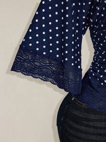 SHEIN ICON Áo cỡ lớn phong cách Y2K chấm bi gợi cảm cổ chữ V phối ren tay loe - Màu xanh hải quân - Xem 8