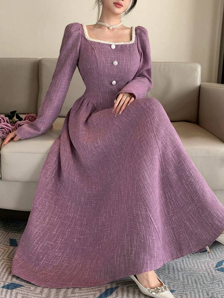 Spring & Summer Elegant Color Block Square Collar Petal Sleeve Mid-Length Dress For Women