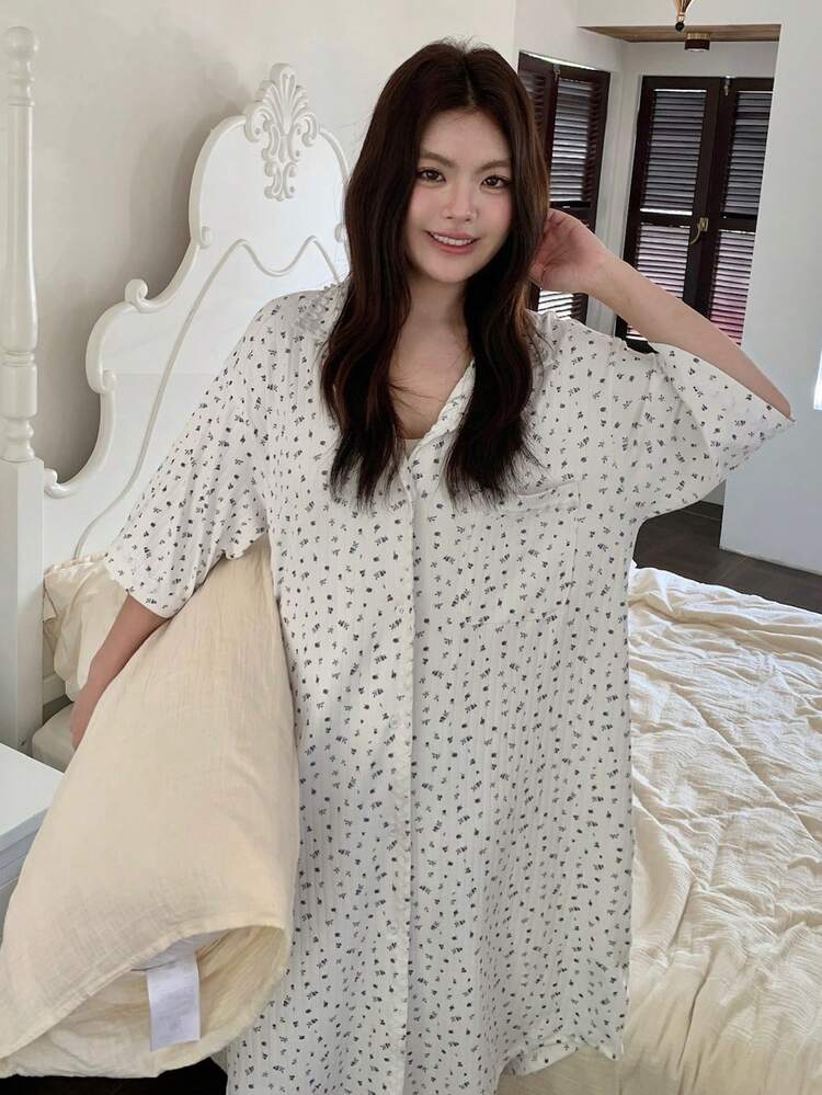 Dazy Plus Loose Ditsy Floral Short Sleeve Knee-Length Nightgown, Spring/Summer Sleepwear
