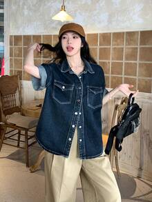 DAZY 女士翻领水洗复古韩版街头牛仔衬衫 - 藍色 - 查看 8