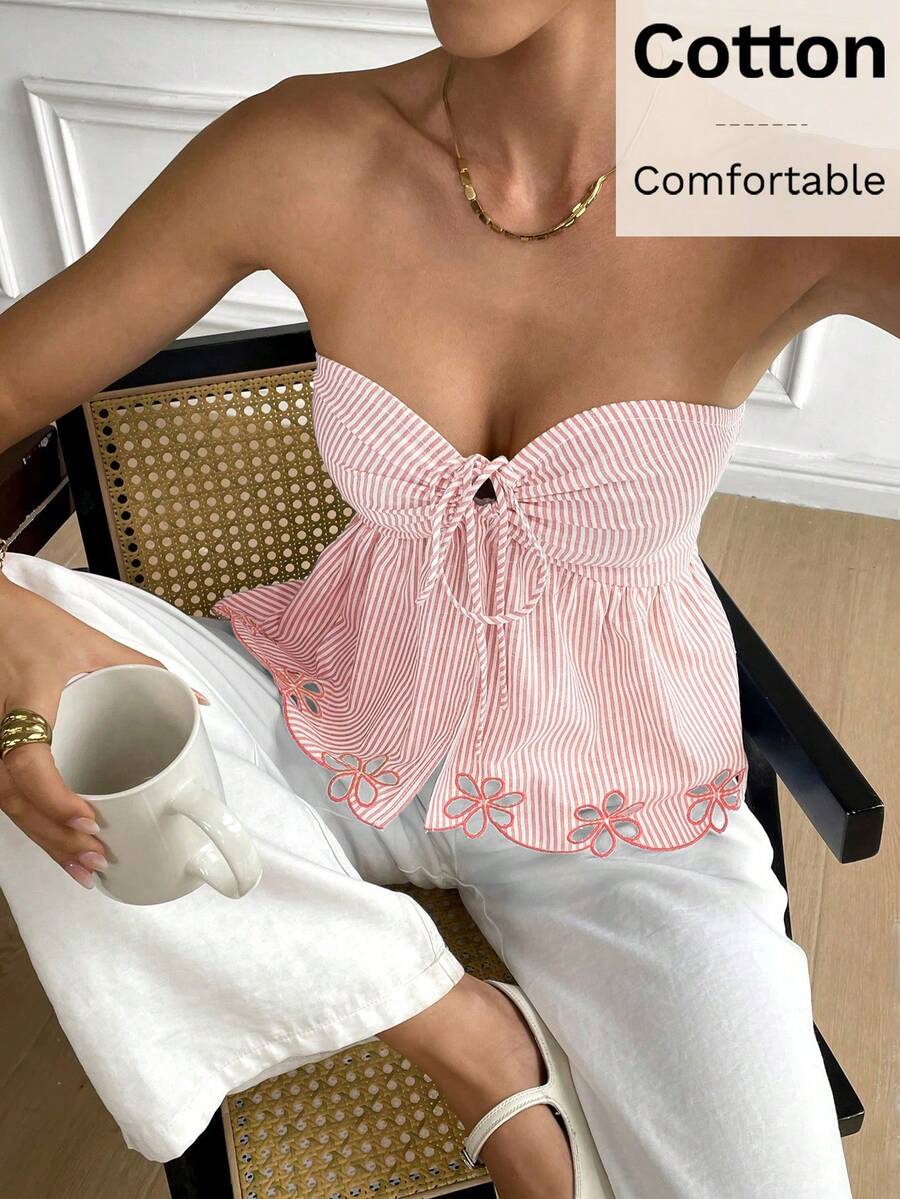 Serisse Áo ống nữ kiểu dáng thường ngày, in họa tiết sọc và thêu. - Màu Hồng baby - Xem 1