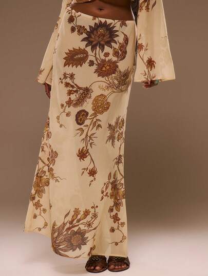 MUSERA Falda larga de gasa con estampado floral, de talle bajo y corte holgado, para primavera y verano, ideal para vacaciones, playa, eventos elegantes, festivales y vacaciones