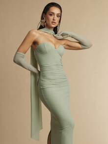 Silquee 女士优雅派对纯色修身连衣裙 - 灰綠 - 查看 5