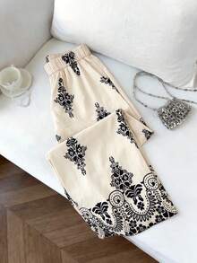 Franclia Women's Casual Vacation Printed Loose Pants, Positioned Printed Wide Leg Pants With Pockets, Elastic Waist, Beach Pants, Spring/Summer Printed Wide Leg Pants, Women's Vacation, Music Festival Pants, Gentle, Intellectual, Elegant, High-End, Elegant, Commuting, Daily, Summer, Party, Beach, Date, Graduation, Business Office, Urban Fashion Versatile Daily Pants - Multicolor - View 3