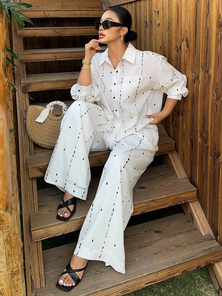 Plus Size Casual Shirt And Pants 2 Pieces Set