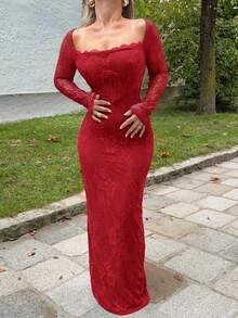 Jeta Ari Women's New Autumn/Winter Party Date Night Sexy S-Shaped Lace Long Sleeve Bra Cup Fishbone Square Neck Bodycon Dress, Black,Summer Dresses For Women - Burgundy - View 3