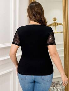 SHEIN Clasi 大码女式休闲优雅格纹袖 T 恤 - 黑色 - 查看 2