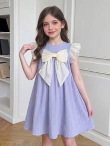 SHEIN 少女宽松优雅圆领短袖撞色蝴蝶结装饰连衣裙 - 粉色 - 查看 4