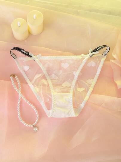 Women's Sexy Sheer Heart Mesh Bow Decor Thong Panties