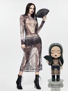 ROMWE Avant Đầm dài tay lưới in hình totem Shanhaijing bí ẩn phong cách Gothic - Nhiều màu - Xem 7