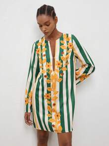MAIJA Bohemian Holiday Striped Floral Print V-Neck Long Sleeve Mini Dress - Multicolor - View 4