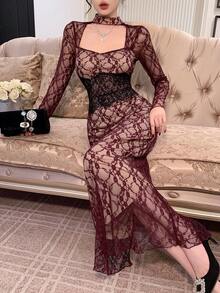Joudiya Đầm dự tiệc ôm sát hở lưng bằng ren tương phản thanh lịch dành cho nữ - Màu Đỏ Sâu - Xem 2