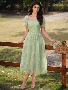 Vintamour 复古经典优雅女士连衣裙，春夏修身刺绣连衣裙，灯笼袖连衣裙，绿色伞裙摆连衣裙 - 綠色 - 查看 6