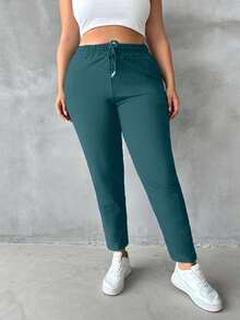 EURMUSE Plus Size Elastic Waist Cargo Pants - Dark Green - View 5