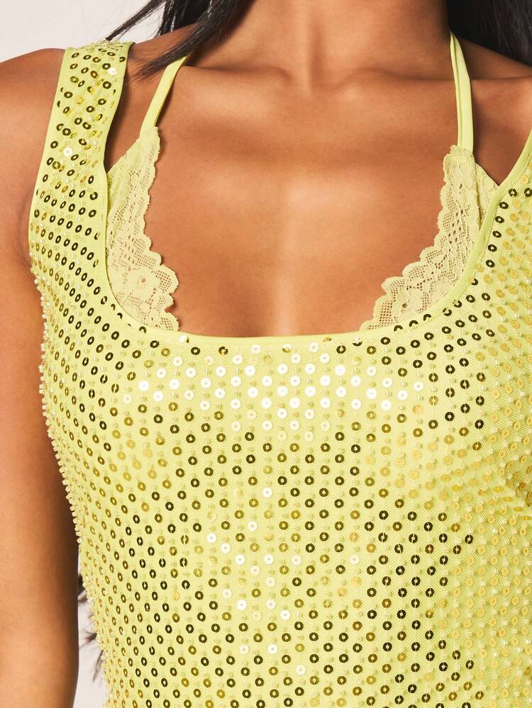 MISSGUIDED Top de tirantes con escote de pico y detalle de encaje con lentejuelas brillantes para mujer, ideal para fiestas, salidas nocturnas y clubes