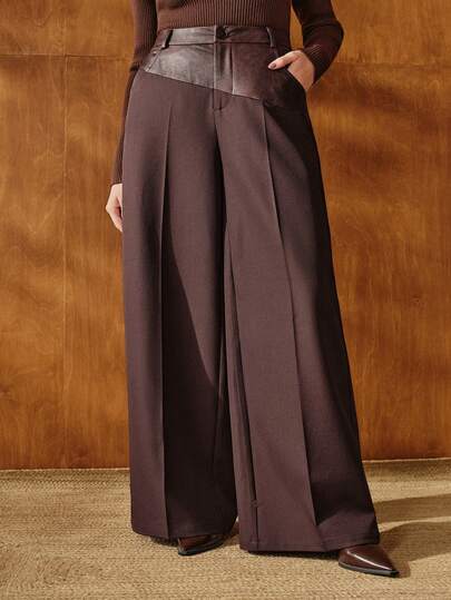 Anewsta Plus Size Women's Fashionable Leather Patchwork Wide Leg Pants, High-Waisted Slimming Design, Autumn