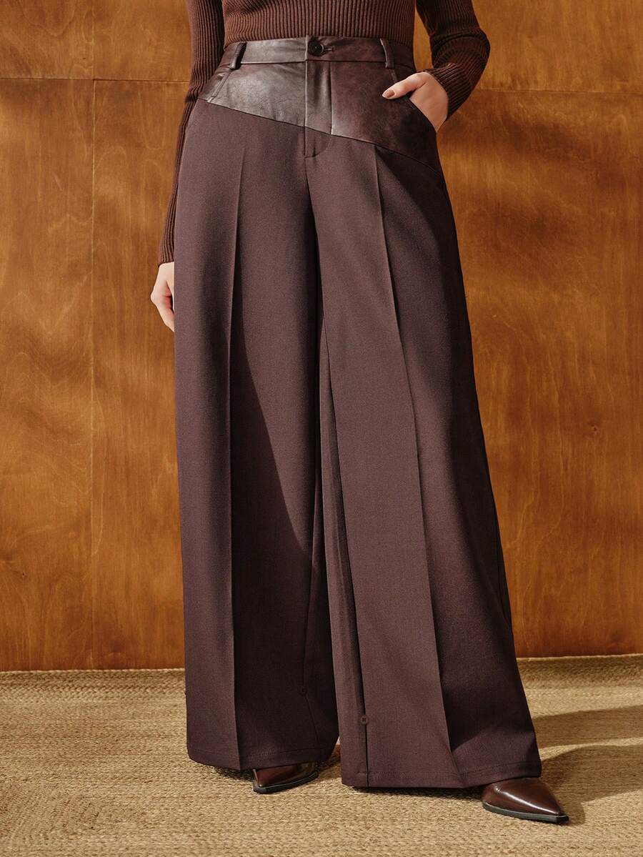 Anewsta Quần ống rộng phối da thời trang dành cho nữ cỡ lớn, thiết kế cạp cao giúp thon gọn, thích hợp cho mùa thu. - Cà phê nâu - Xem 1