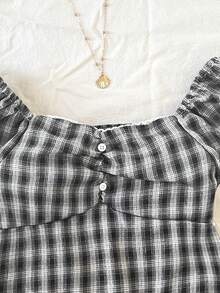 SHEIN 青少年女孩休閒翻領短袖短版腰部上衣 - 黑與白 - 查看 3