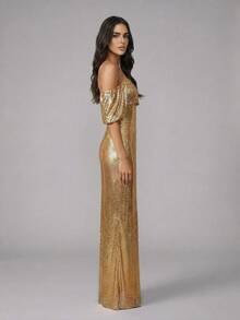 Anewsta 优雅亮片装饰露肩连衣裙，精致都市成熟女士高端金属金色亮片装饰修身长裙 - 金色 - 查看 6