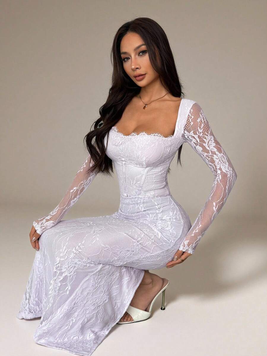 SHEIN PETITE Đầm maxi đen ôm sát cơ thể, dài tay, dáng chữ S, chất liệu ren, có gọng nâng ngực, cổ vuông, ôm sát, dành cho nữ, thích hợp cho các buổi tiệc mùa hè, hẹn hò. - Màu tím hoa cà - Xem 1