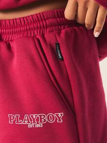 Missguided x Playboy 带刺绣Logo的抽绳腰带抓绒运动短裤，裤脚采用弹性设计 - 玫瑰紅 - 查看 4
