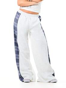 SUMWON WOMEN Women's Spliced Check Pattern Side Panel Wide Leg Drawstring Waist Joggers With Contrast Color Block Design Fall Winter Comfort Pants - Light Grey - View 5