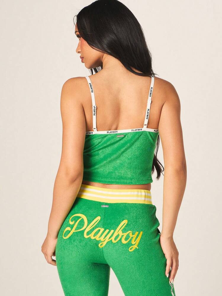 Missguided x Playboy Bright Green Terry Toweling Camisole Top With Yellow Number 53 Print And Contrast Logo Straps For Summer Casual Wear