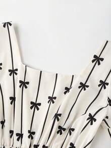 GlowEve Women's Butterfly Knot Striped Print Waist A-Line Dress, Charming Elegant Casual Vacation Commute Sexy Fashion Date French Street Retro Versatile Spring/Summer New Style, Apricot Base With Black Pattern Short Sleeve Midi Dress - Multicolor - View 3