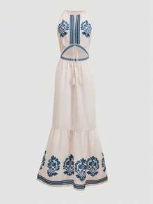 Opuloom Vintage Beige Summer Boho Embroidered Maxi Dress,Halter Drawstring Tassel Hollow Out Long Dress For Women Holiday Tea Party Greece Vacation Outfits - Multicolor - View 7