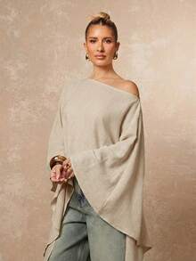 Lumalex 女士纯色不对称肩部休闲百搭上衣 - 杏色 - 查看 7