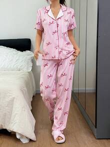 Napfluff Bộ đồ ngủ nữ in họa tiết sọc và nơ, viền tương phản. - Hồng - Xem 7