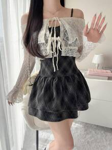 FRIFUL 女士格子荷叶边吊带连衣裙和蕾丝喇叭袖开衫套装，时尚百搭，适合约会和外出 - 白色 - 查看 7