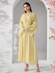 Solavon 女士优雅纯色纹理腰部喇叭袖连衣裙，春夏款 - 黃色 - 查看 4