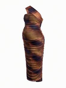 Modmama Maternity Tie-Dye Pleated Sleeveless Fitted Dress, Spring Outfit Women , Spring Break Outfits - Brown - View 5