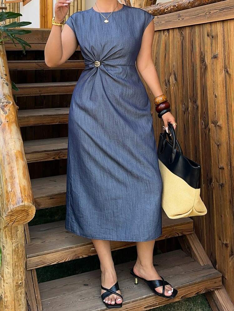Dazy Plus Plus Size Women Solid Color Round Neck Ruched Waist Elegant Party Dress Sun Dresses For Women
