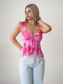 Sweetina Women's Pink Floral Print Ruffle Hem Vacation Casual Camisole Top - Red - View 3