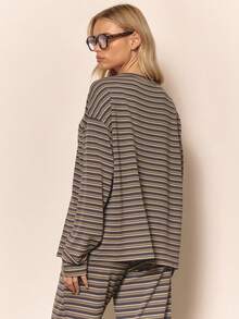 MUSERA 条纹落肩宽松长袖纽扣领上衣，可爱酷女孩舒适秋季日常清新女孩休闲田园风复古奶油糖色优雅春夏假日风 - 彩色 - 查看 4