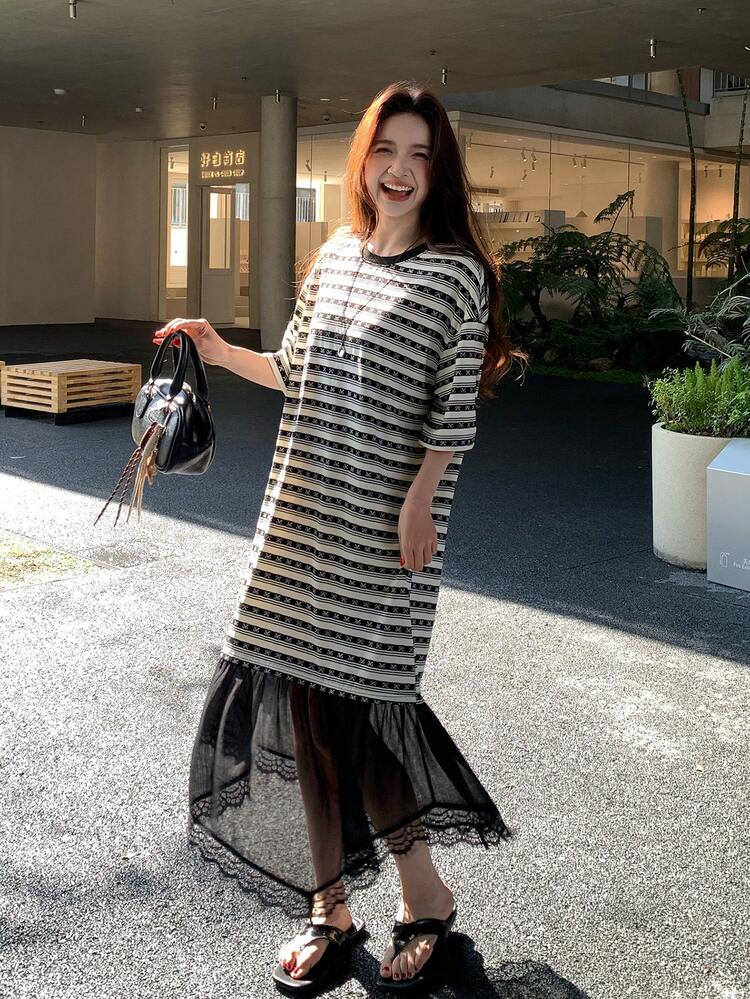 Women's Striped Korean Style Ruffle Hem Casual Dress