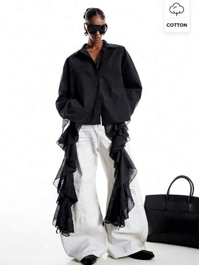 LYSMO Women's Fashion Colorblock Mesh Ruffle Trim Long Sleeve Black Blouse